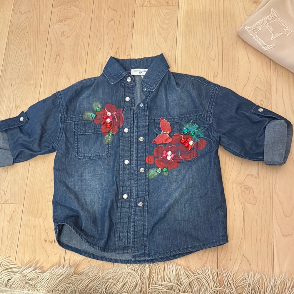 Monnalisa Denim Shirt with Floral Embroidery